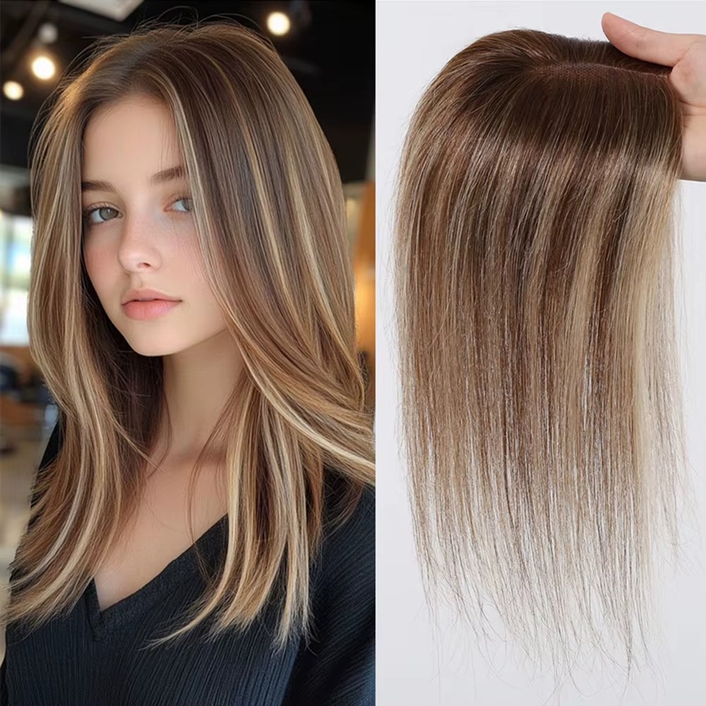 Seamless Clip In Hair Extensions Human Hair - 100% Ludzkie Włosy Toppers Brązowe Podkreślane